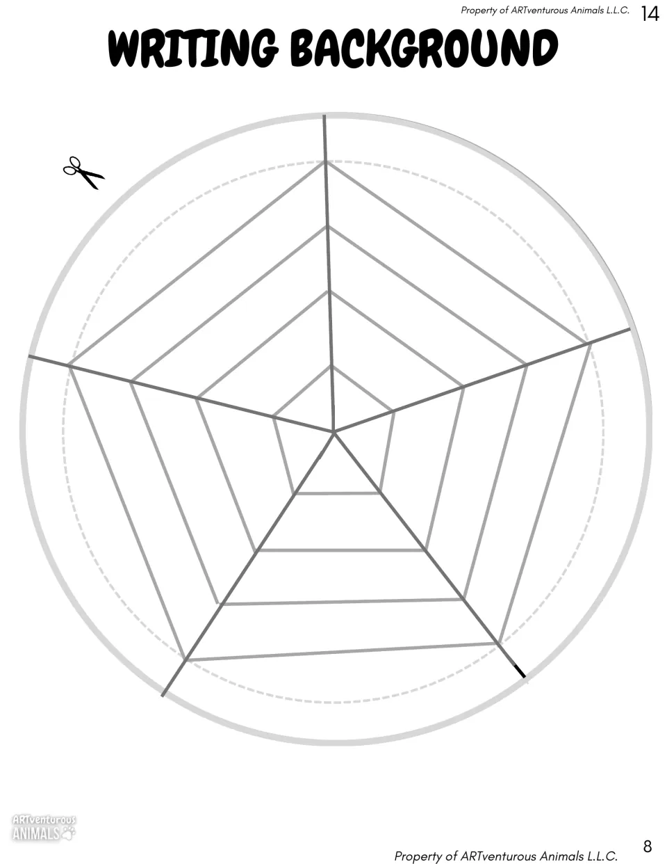 Writing background: a blank circle divided into five lined wedges where students write a description of each stage