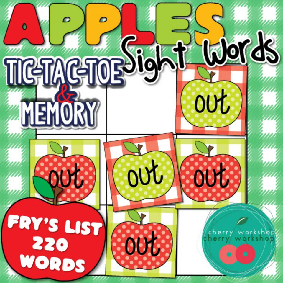 Apples Tic-Tac-Toe cover introduces sight-word and memory games, with sample apple cards reading 'out'.