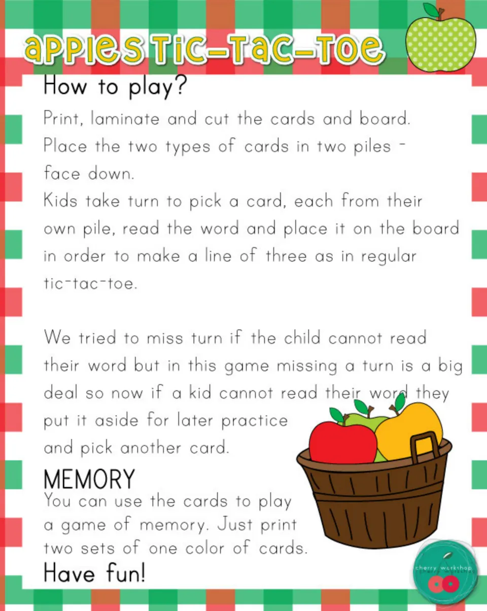 Game instructions explain reading cards for tic-tac-toe and printing two sets of one color for memory.