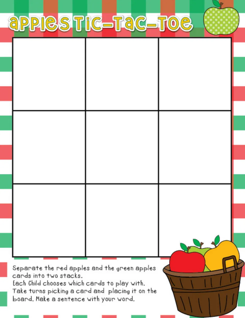 Tic-tac-toe game board directs children to choose red or green apple cards and make a sentence with each word.