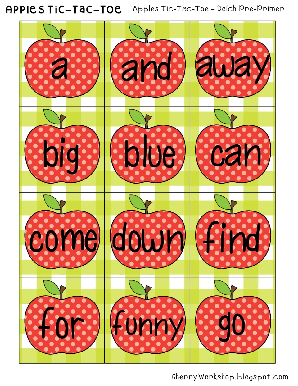 Dolch Pre-Primer apple cards 1–12: a, and, away, big, blue, can, come, down, find, for, funny, and go.