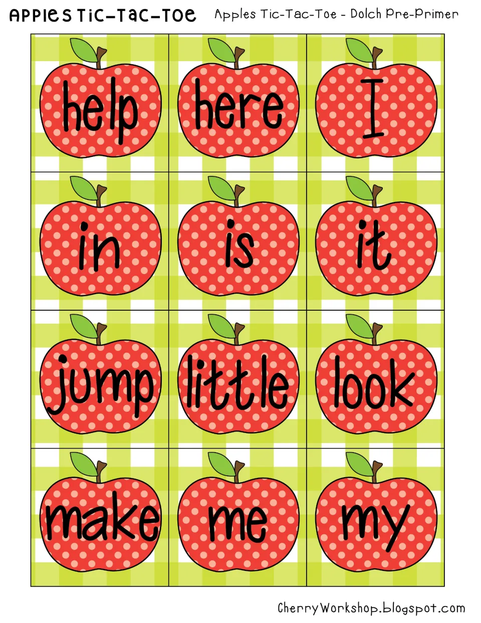 Dolch Pre-Primer apple cards 13–24: help, here, I, in, is, it, jump, little, look, make, me, and my.