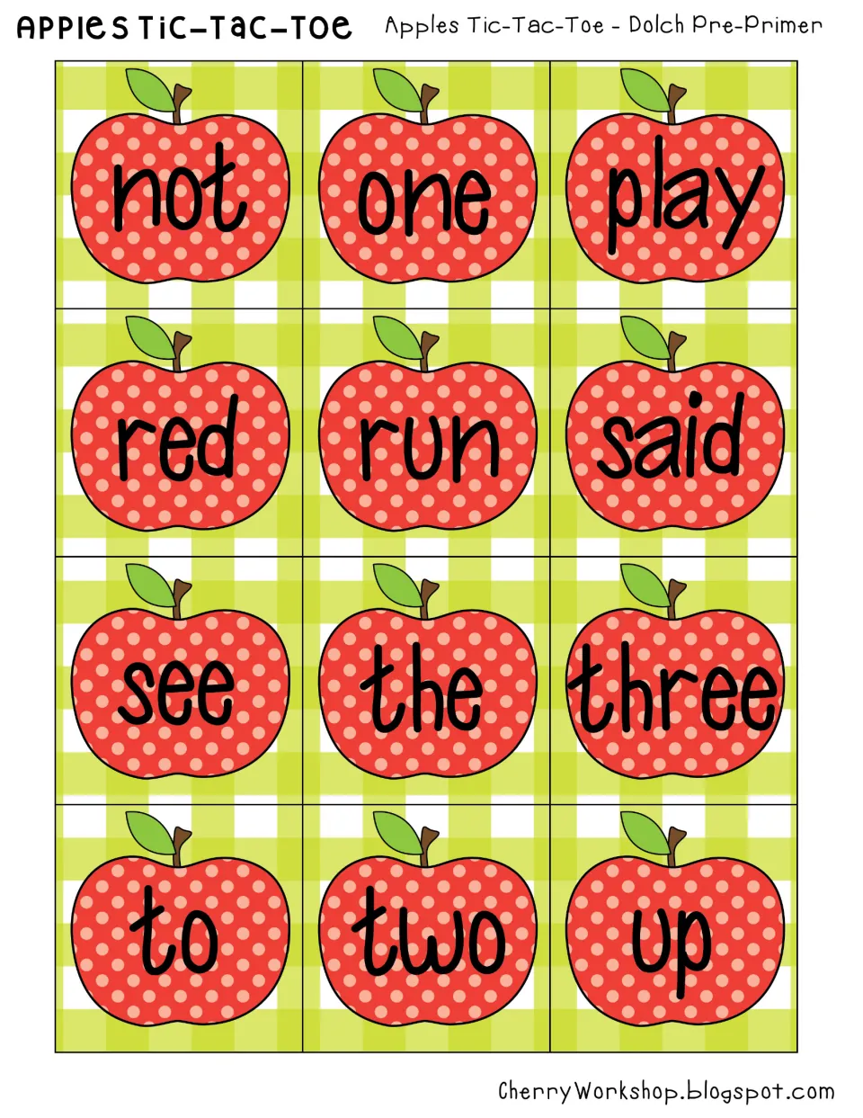 Dolch Pre-Primer apple cards 25–36: not, one, play, red, run, said, see, the, three, to, two, and up.