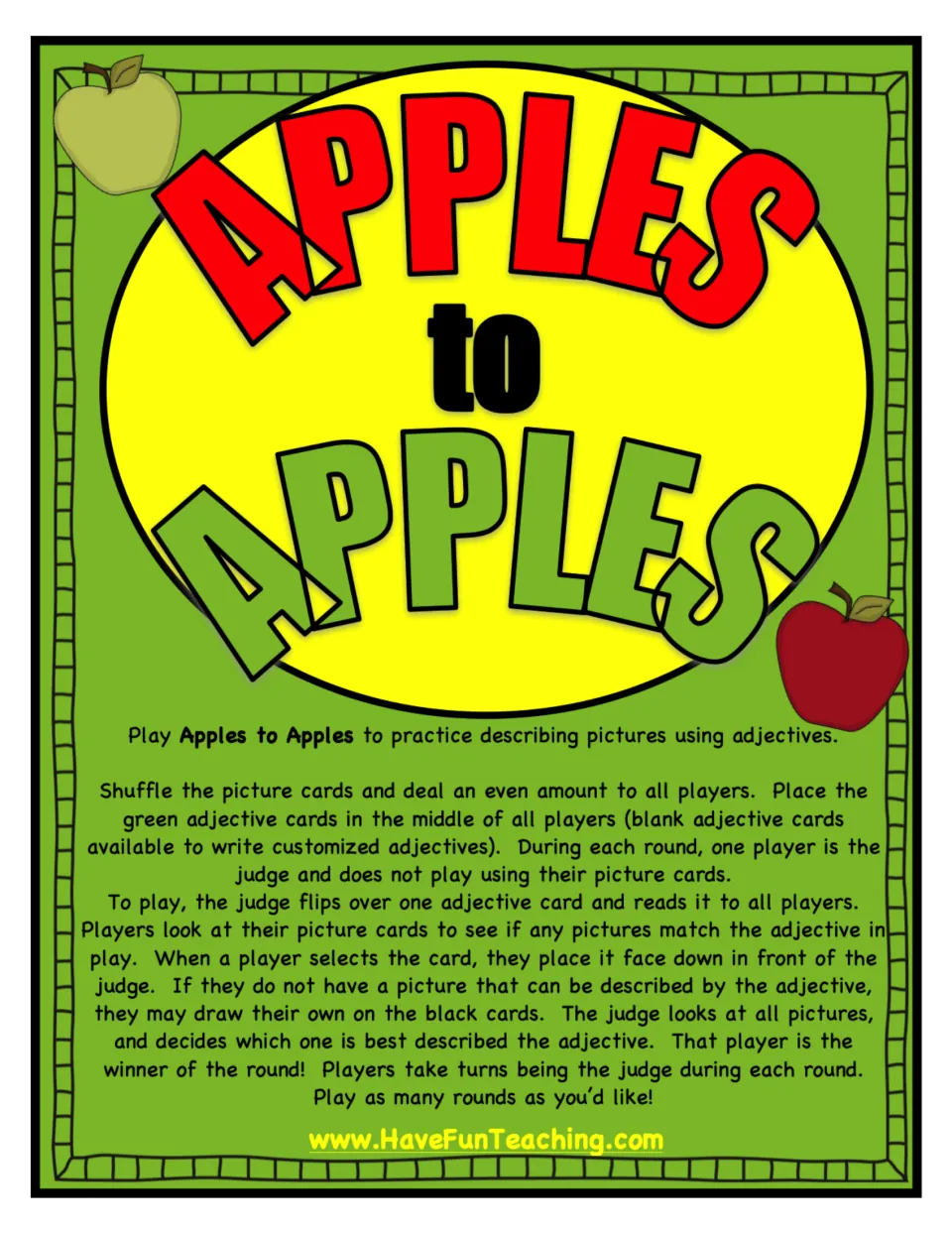 Apples to Apples game cover with rules: players match picture cards to green adjective cards while a judge picks a winner