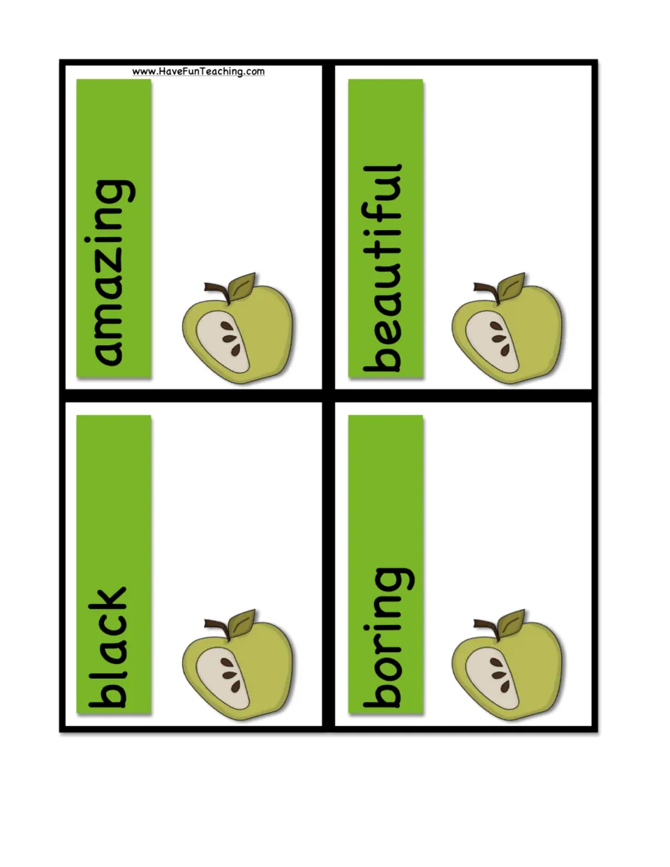 Green adjective cards for the matching game: amazing, beautiful, black and boring, each with a sliced apple picture