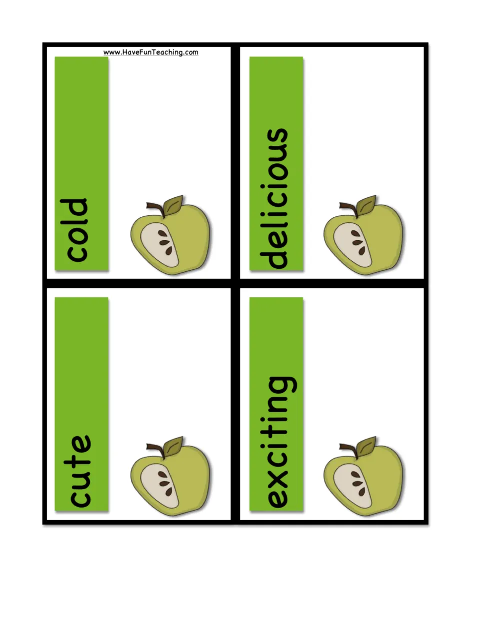 Adjective cards cold, delicious, cute and exciting, describing temperature, taste and feelings for picture matching