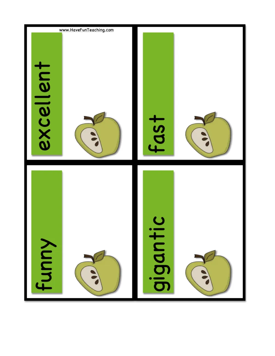 Adjective cards excellent, fast, funny and gigantic that players match to the picture card the word best describes