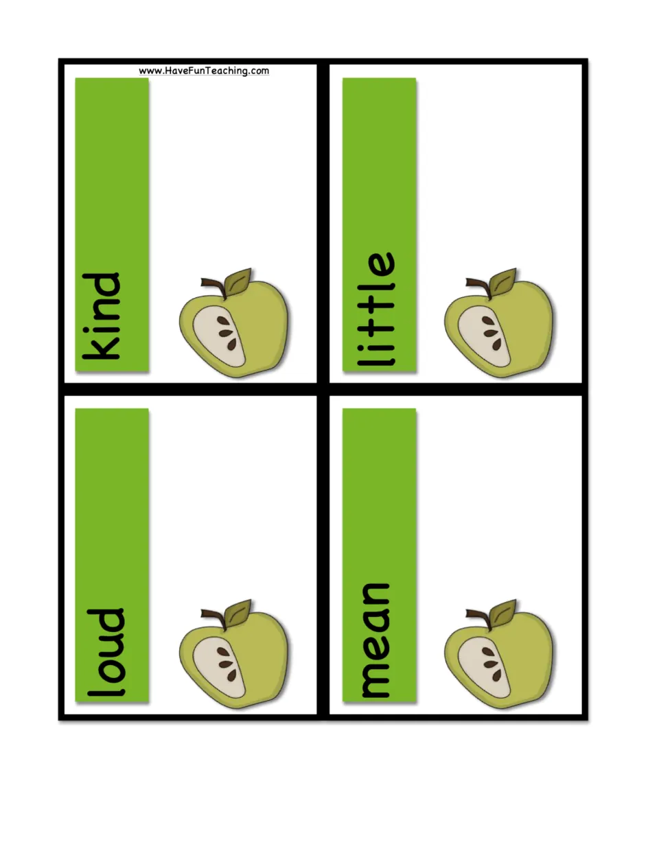 Adjective cards kind, little, loud and mean, with size, sound and character words students match to pictures