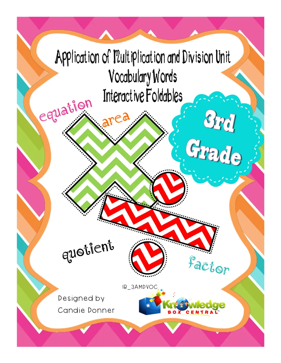 Cover of 3rd grade multiplication and division vocabulary foldables showing equation, area, quotient and factor