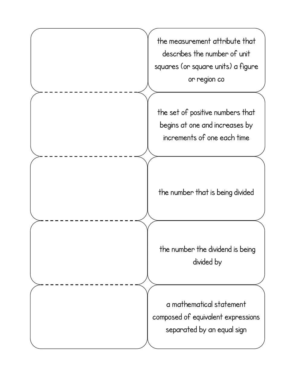 Definitions foldable for area, counting numbers, dividend, divisor and equation; students write each term under its flap