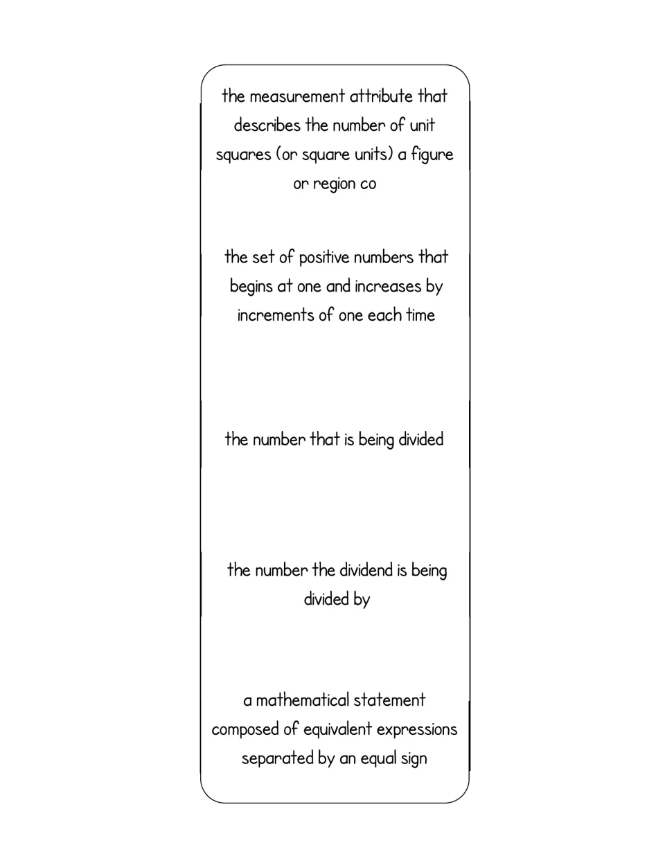 Cut-out piece: definitions strip for area, counting numbers, dividend, divisor and equation to glue into the word flaps