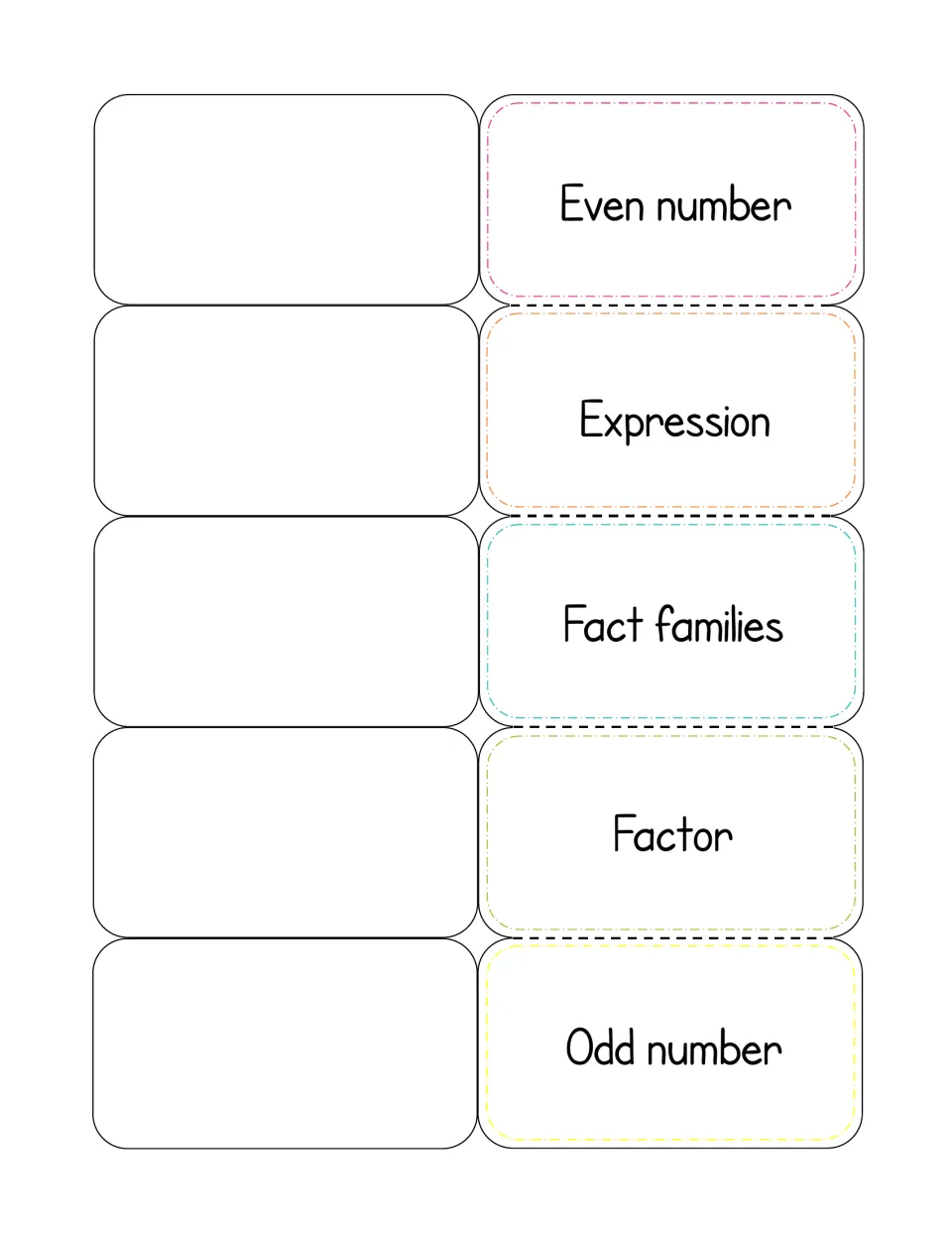 Vocabulary words foldable with flaps for even number, expression, fact families, factor and odd number to cut and fold