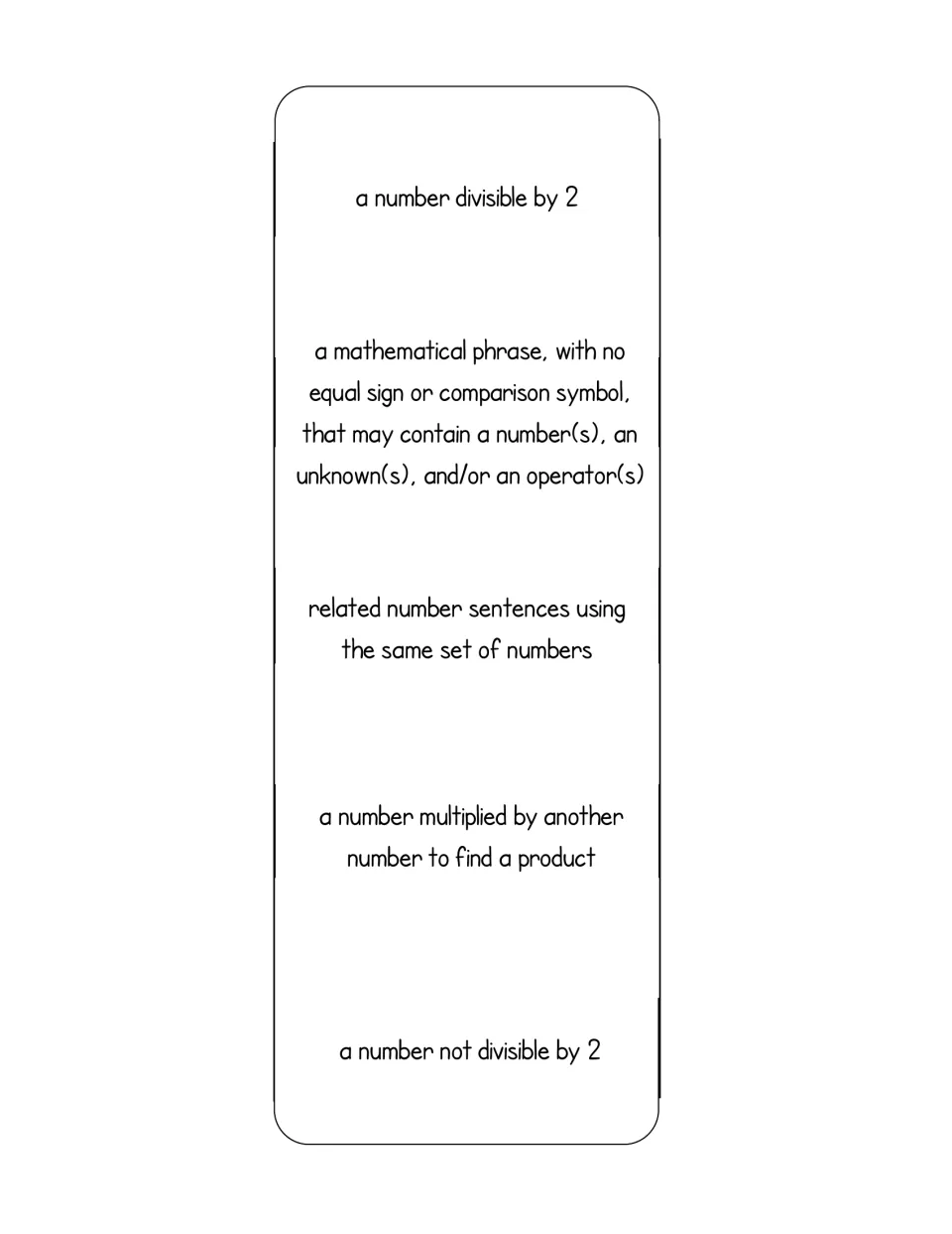 Cut-out piece: definitions strip for even number, expression, fact families, factor and odd number to glue into flaps