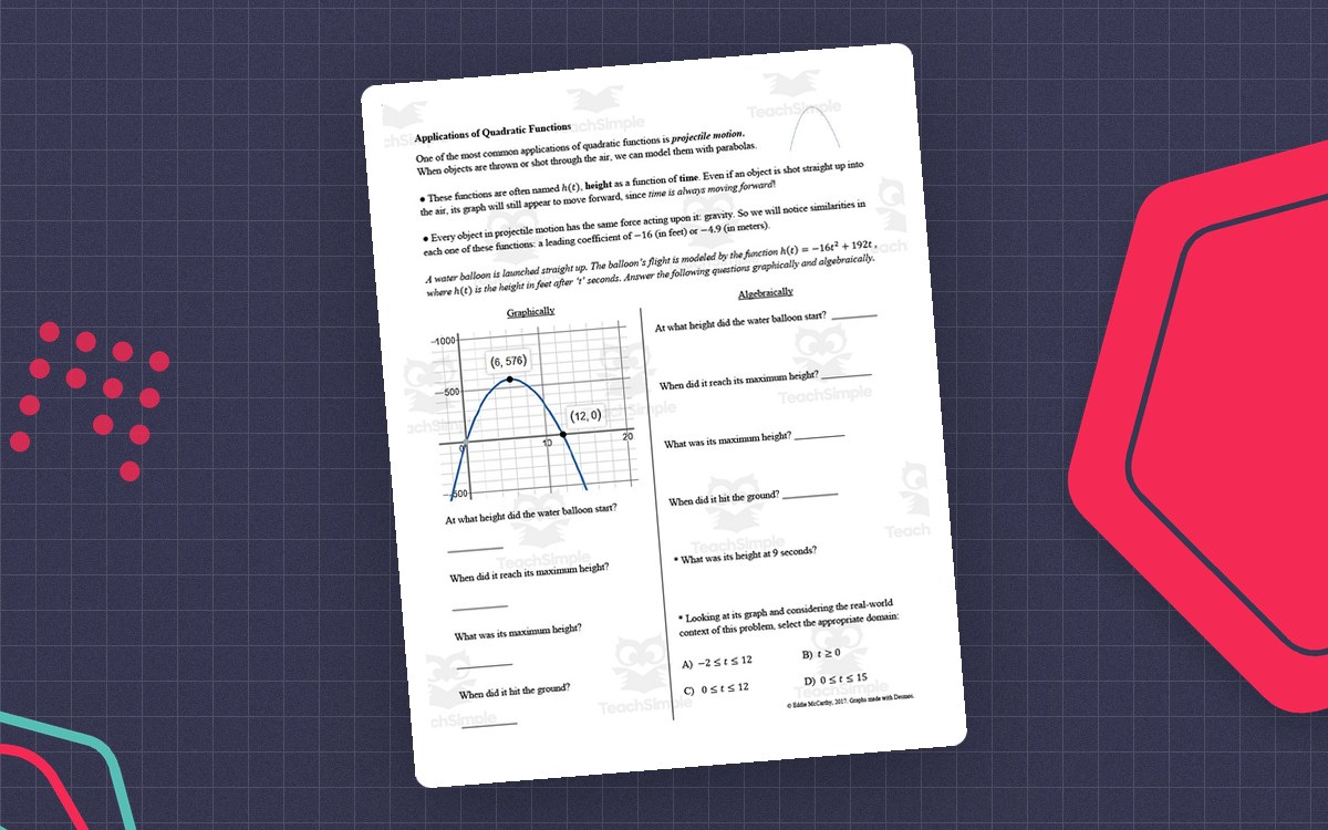 Applications of Quadratic Functions Guided Notes + Homework preview