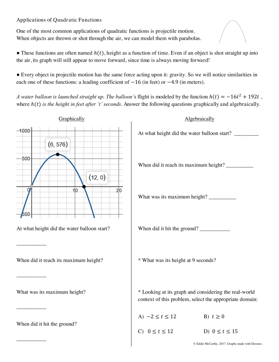 Projectile motion notes: students find a water balloon's start, maximum height and landing time from graph and equation
