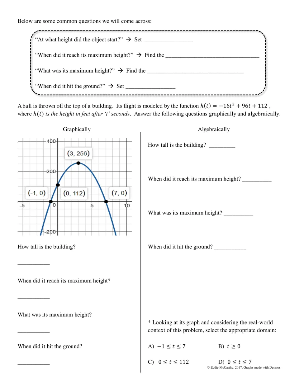 Ball thrown from a building: students complete a question guide, then find building height, peak and landing time