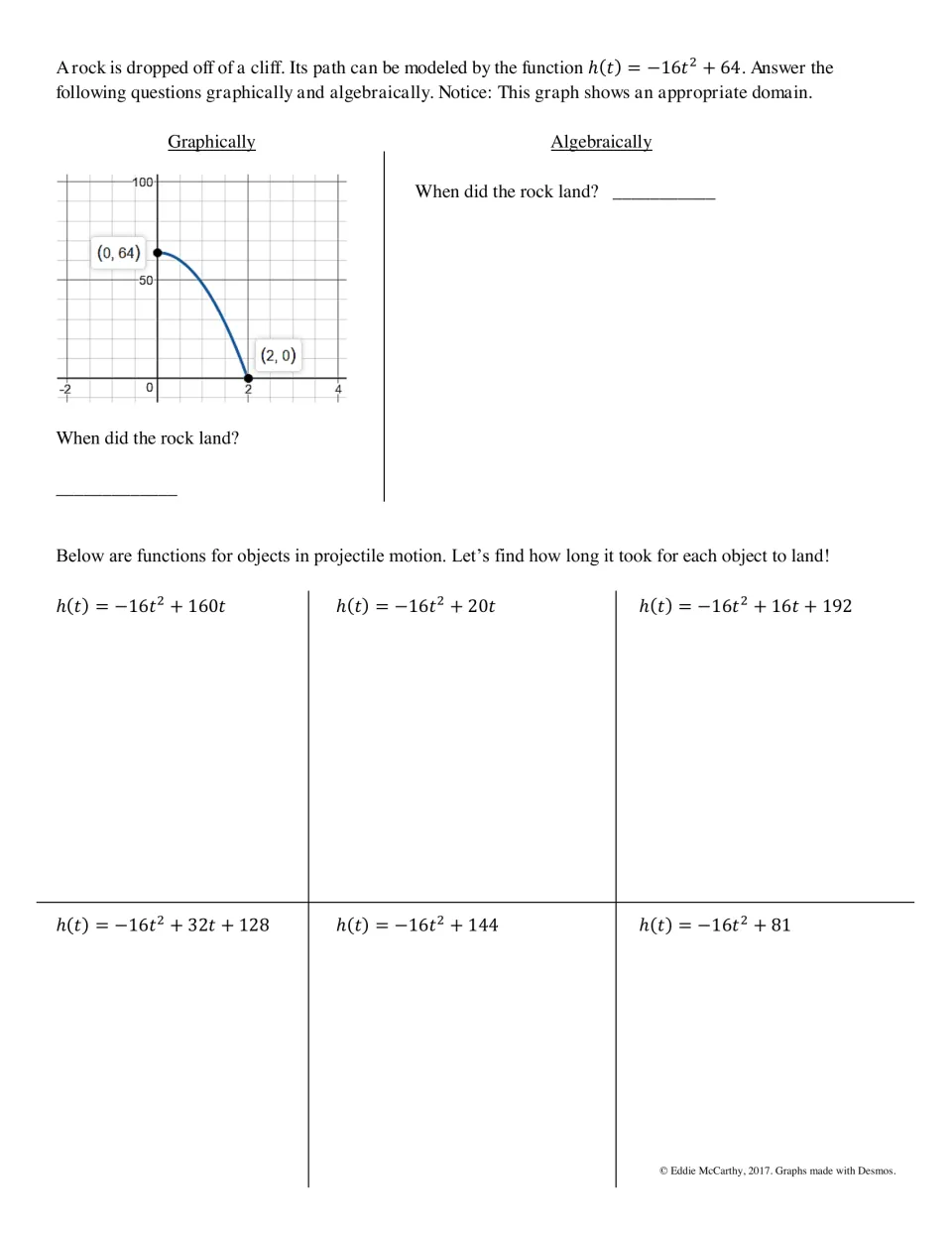 Landing time practice: students solve when a dropped rock lands, then find landing times for six projectile functions