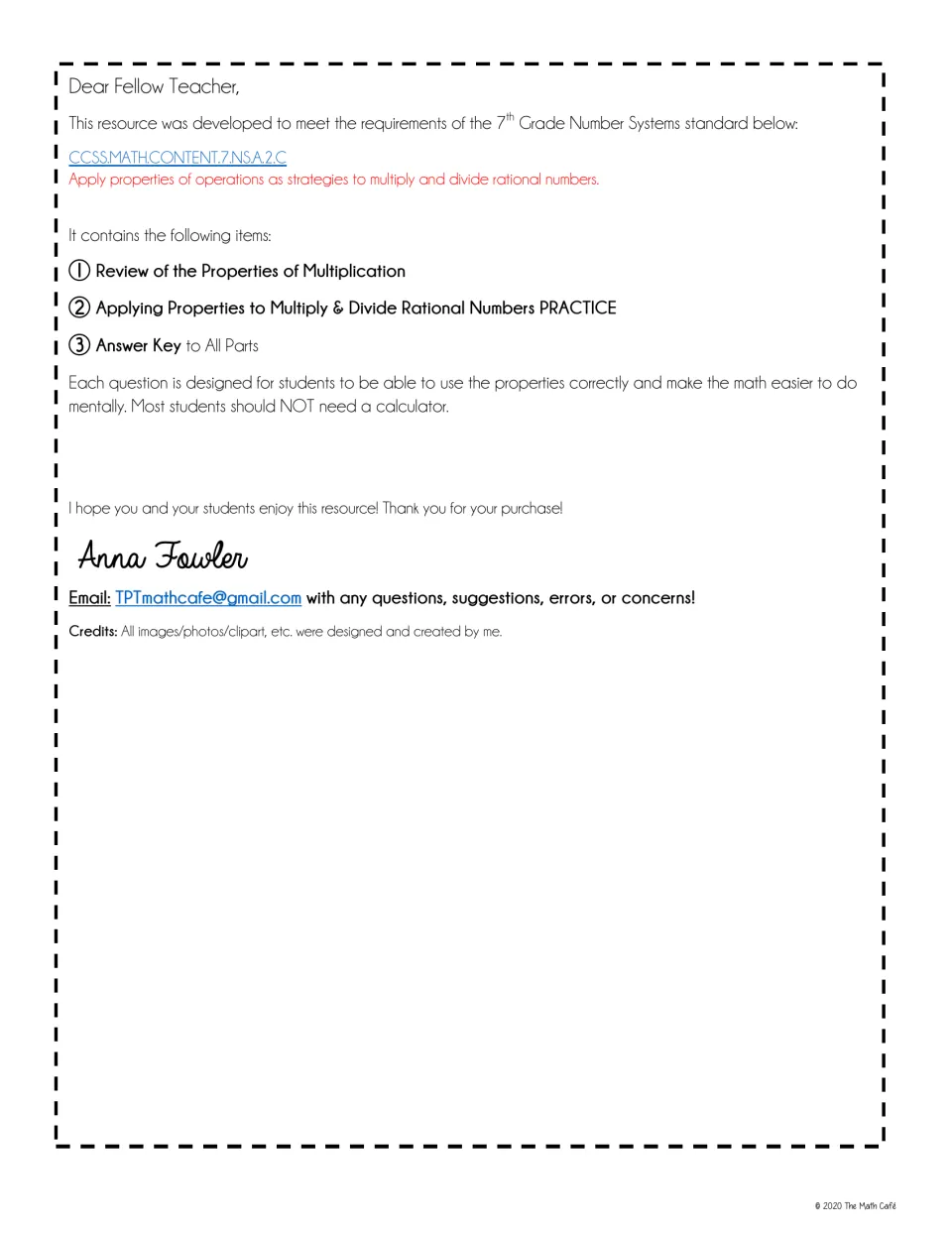 Teacher introduction listing the multiplication-properties review, rational-number practice, and answer keys