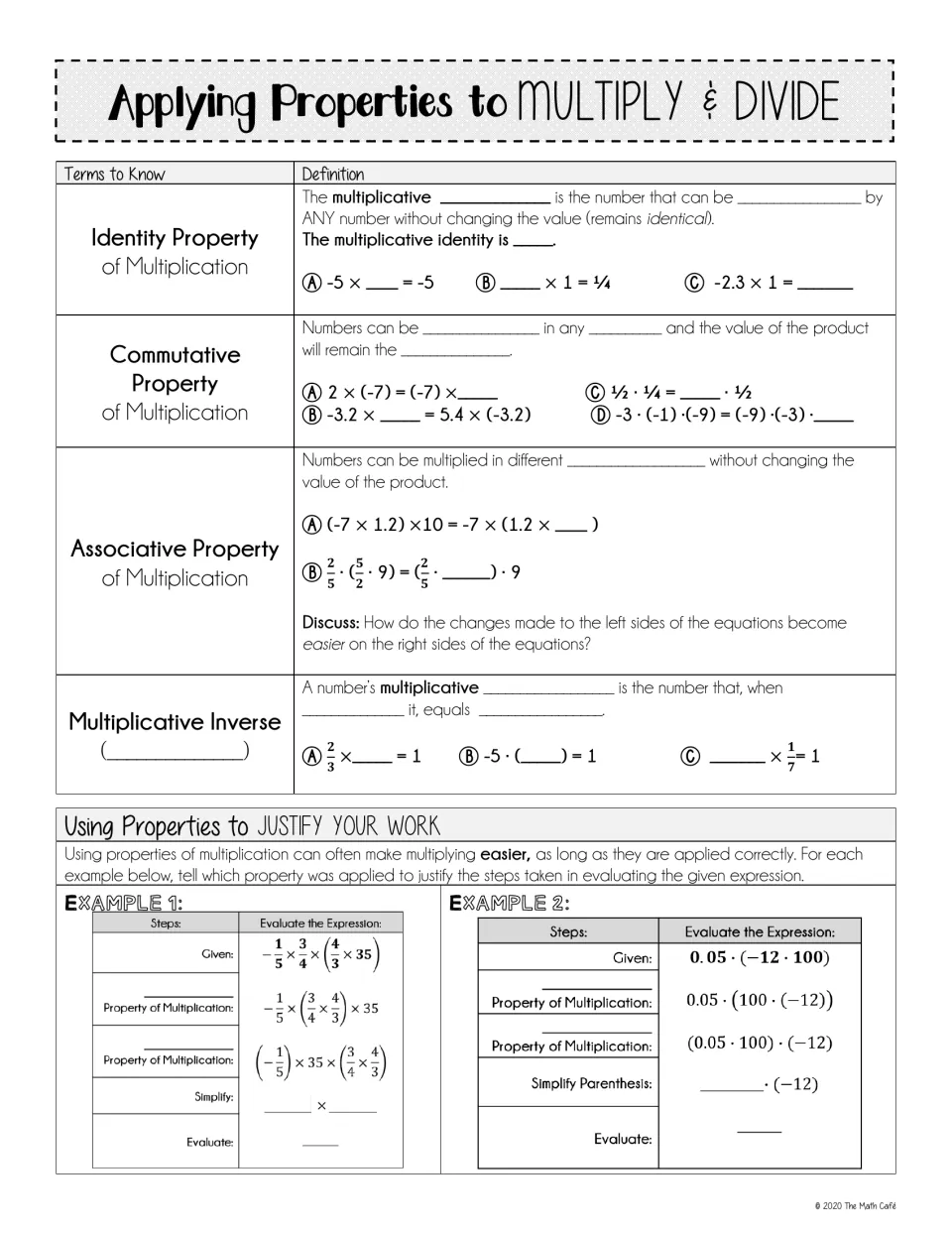 Multiplication-properties review covering identity, commutative, associative, and multiplicative inverse properties