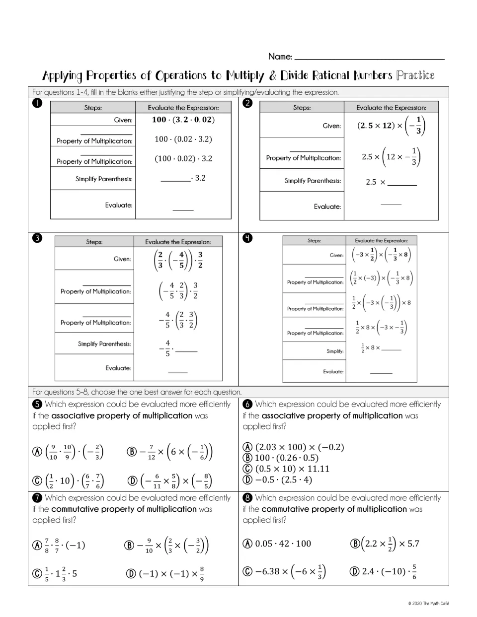 Rational-number practice questions 1–8: justify multiplication steps and choose properties for efficient calculation