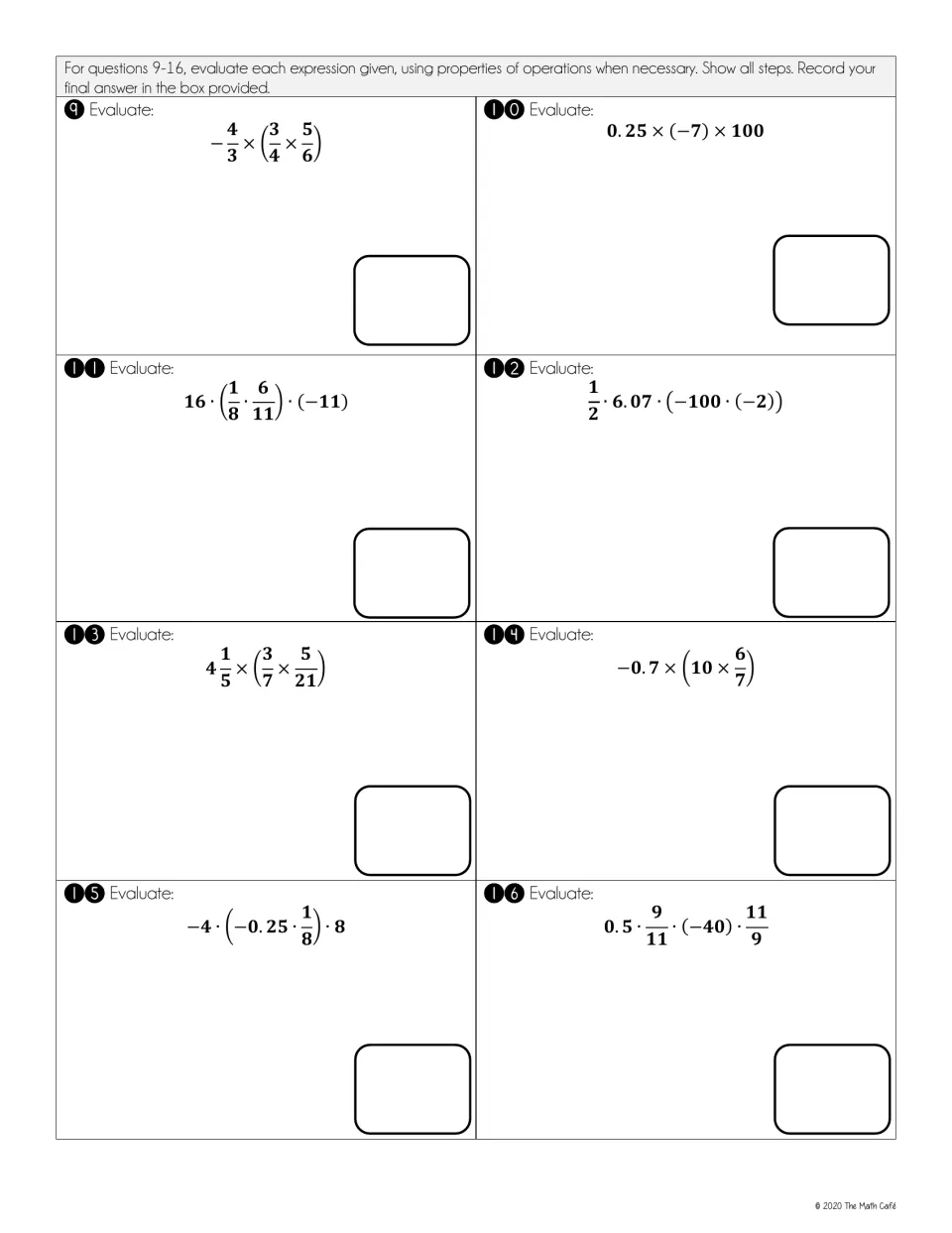 Rational-number practice questions 9–16: evaluate products involving fractions, decimals, and negative numbers
