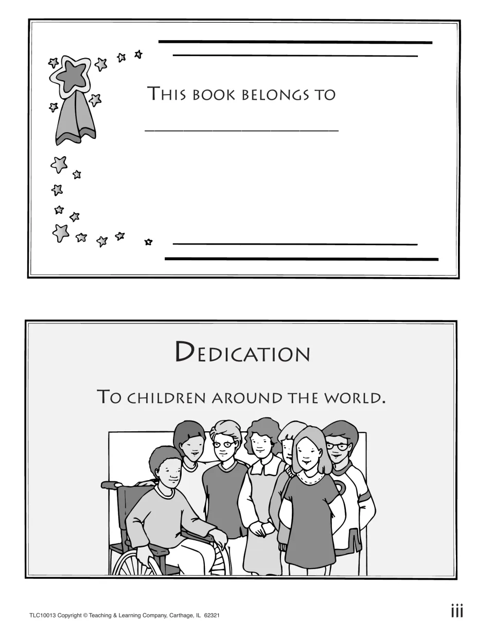 Book ownership label 'This book belongs to' above a dedication 'To children around the world' with a group of kids