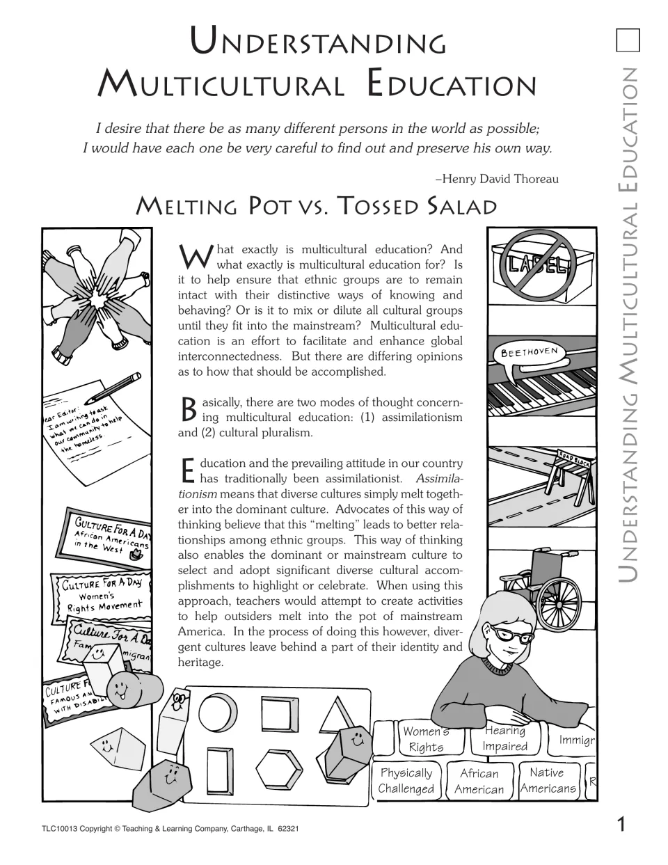 Essay 'Melting Pot vs. Tossed Salad' with a Thoreau quote, introducing assimilationism and cultural pluralism