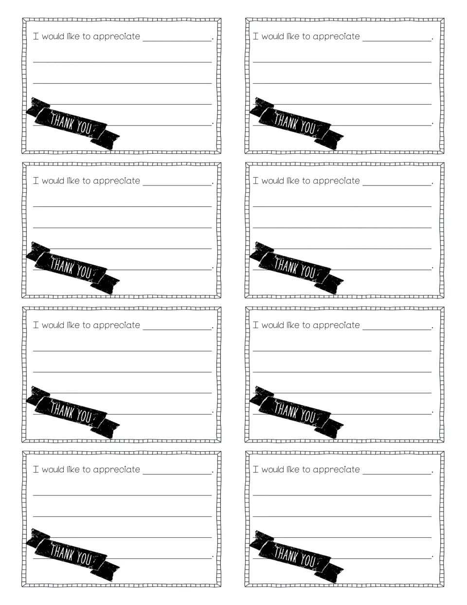 Thank-you notes: eight cards with a Thank You banner; students complete "I would like to appreciate" and write a message