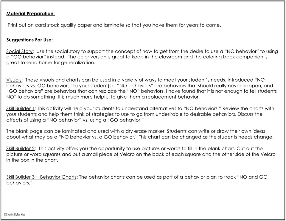 Teacher notes: laminate on card stock; tips for the social story, visuals, Skill Builders 1-3 and behavior charts