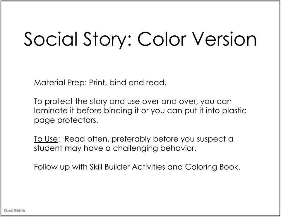 Social Story: Color Version directions: print, bind or laminate, read often before challenging behavior, then do follow-ups