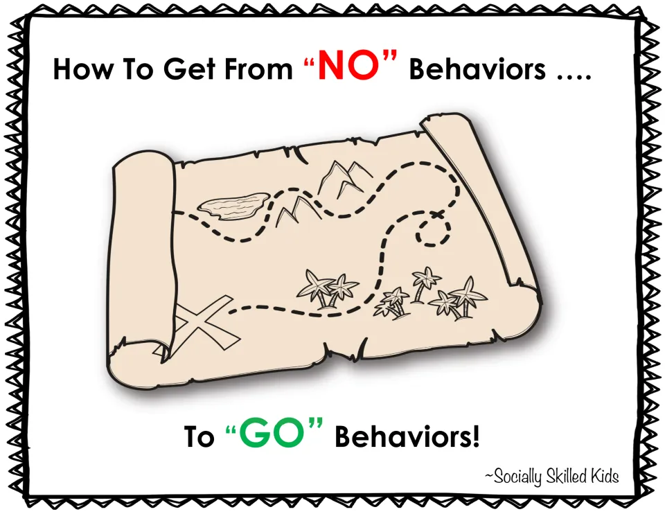 Social story title page: How To Get From "NO" Behaviors to "GO" Behaviors! shown with a dotted-path treasure map