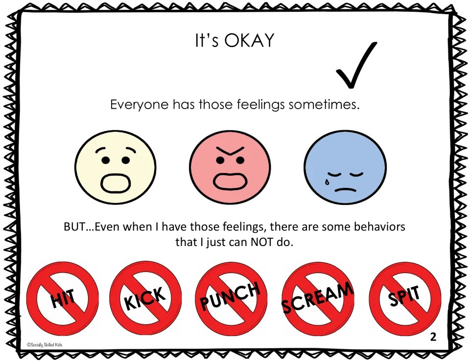 Story page 2: It's OKAY to have feelings, but some behaviors are never allowed: hit, kick, punch, scream and spit