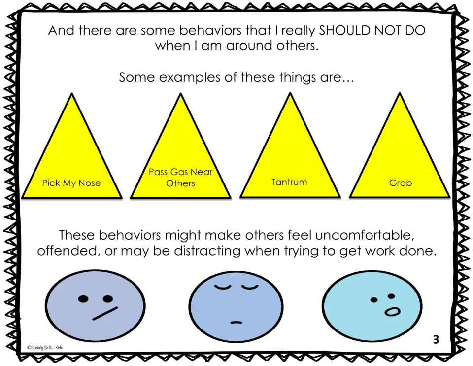 Story page 3: behaviors not to do around others, like pick my nose, pass gas, tantrum and grab, and how others feel