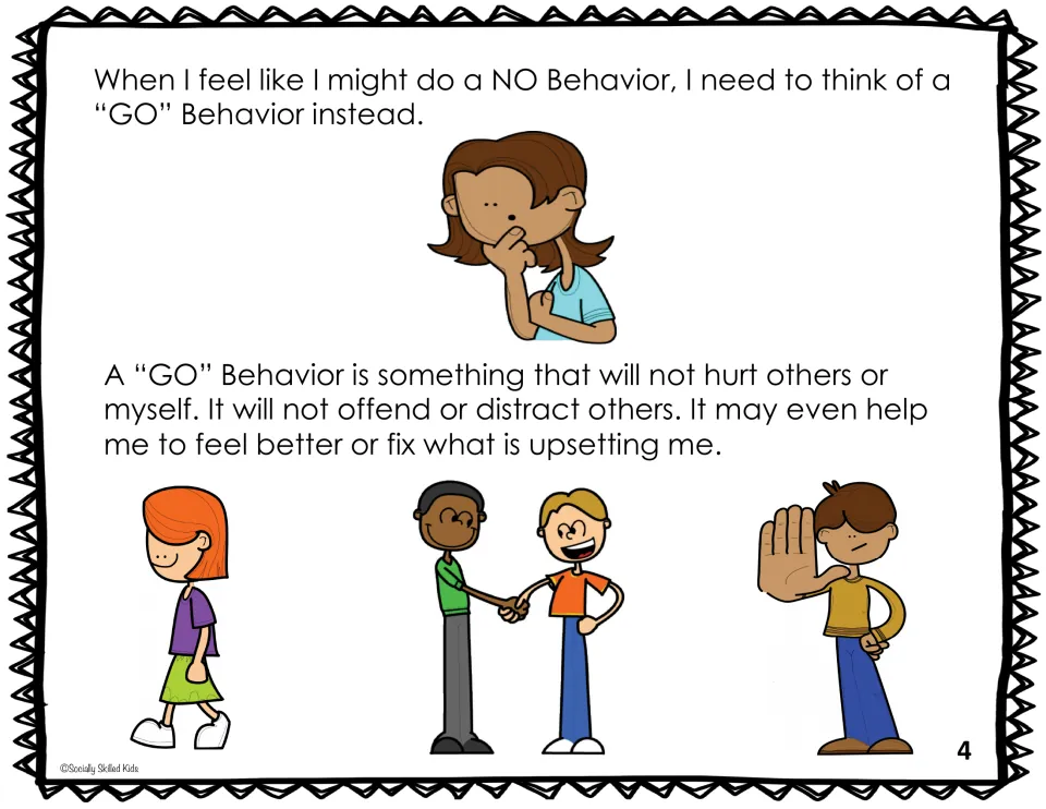 Story page 4 defines a "GO" behavior as one that won't hurt, offend or distract, shown by walking away and a handshake