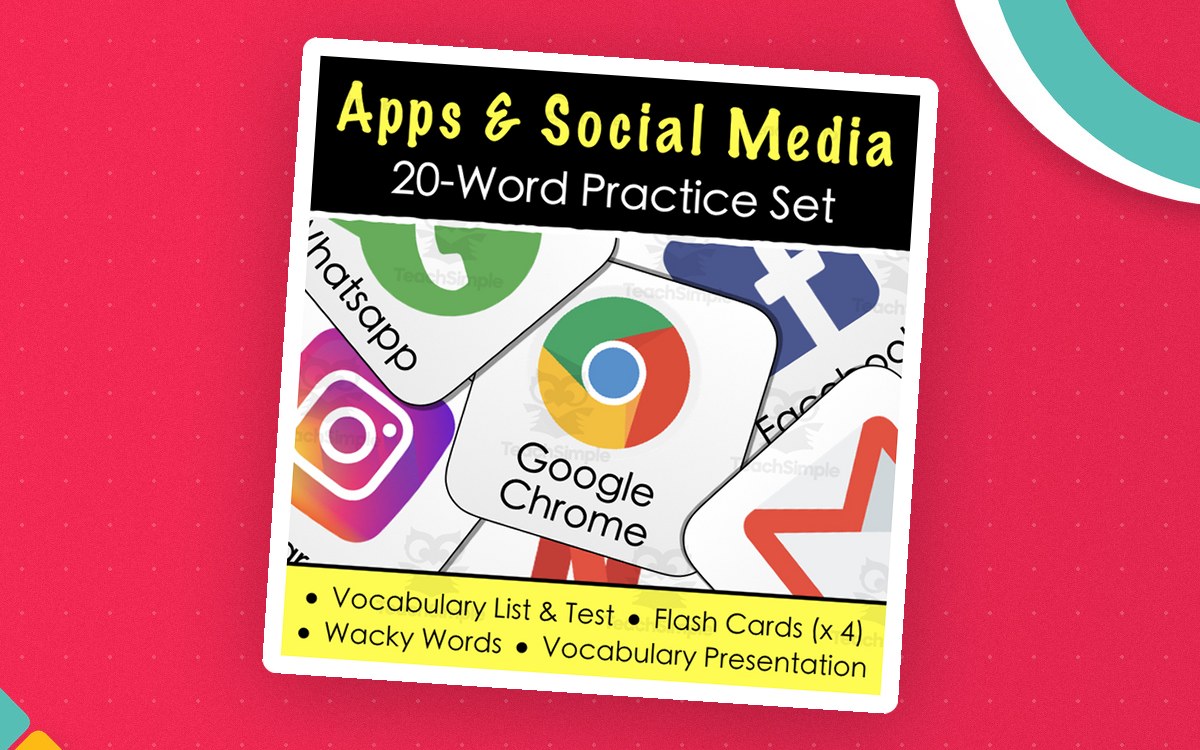 Apps & Social Media Vocabulary - Flash Cards, Word List + Quiz, Games and MORE! card-set cover with the resource title and sample card artwork.