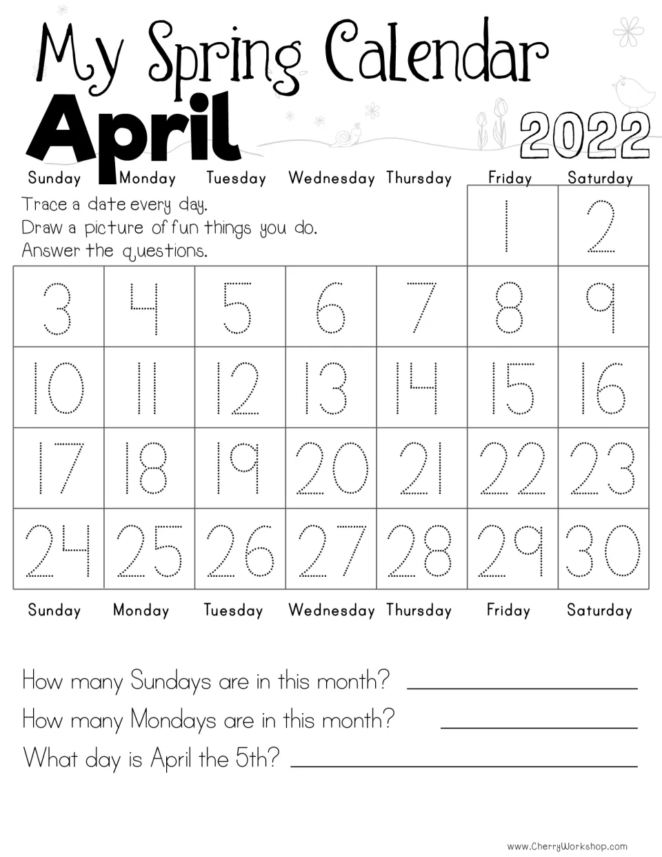 My Spring Calendar, April 2022: students trace dotted dates 1-30 and answer how many Sundays and Mondays there are
