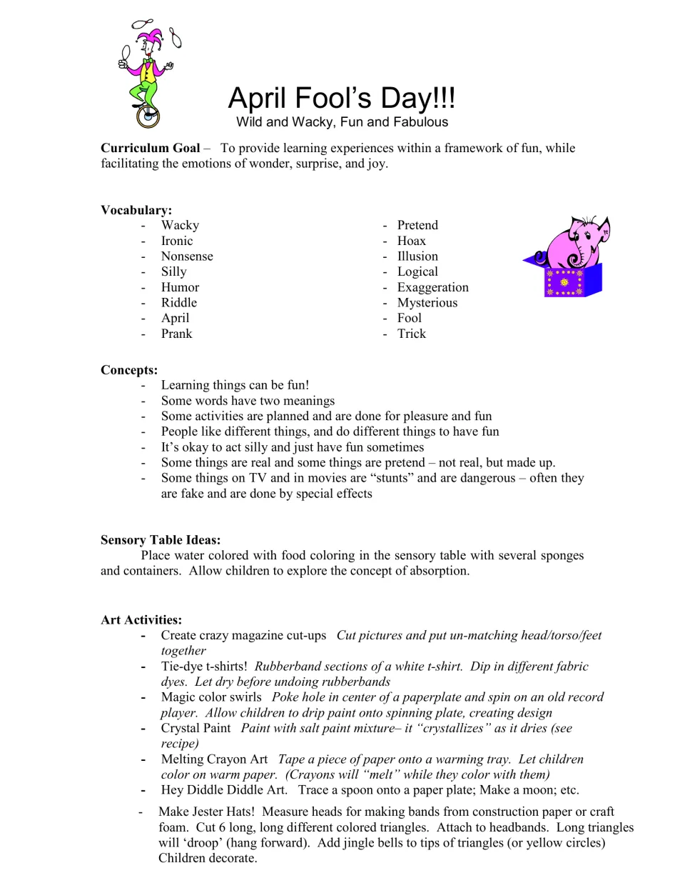 Curriculum introduction lists vocabulary, concepts, sensory table ideas, and art projects such as jester hats.