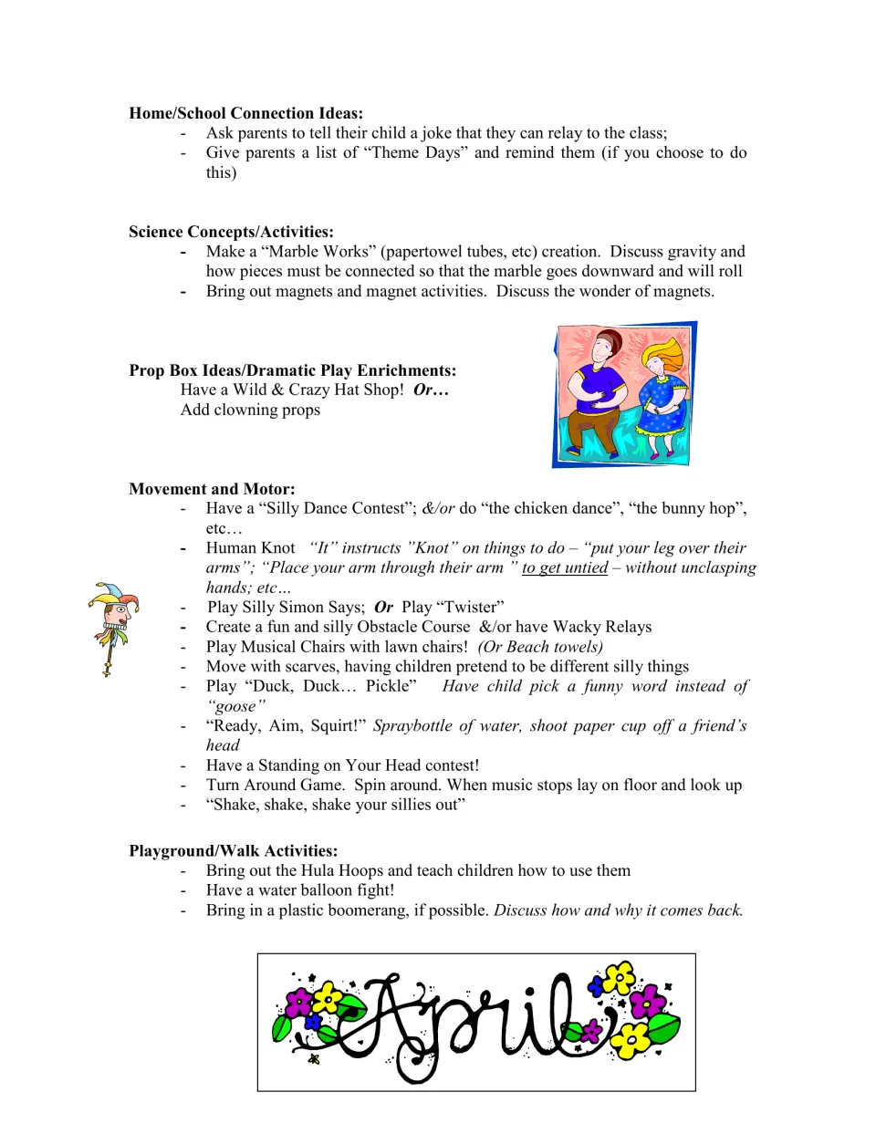 Home connections, science, and movement ideas include sharing jokes, marble runs, magnets, and silly dances.