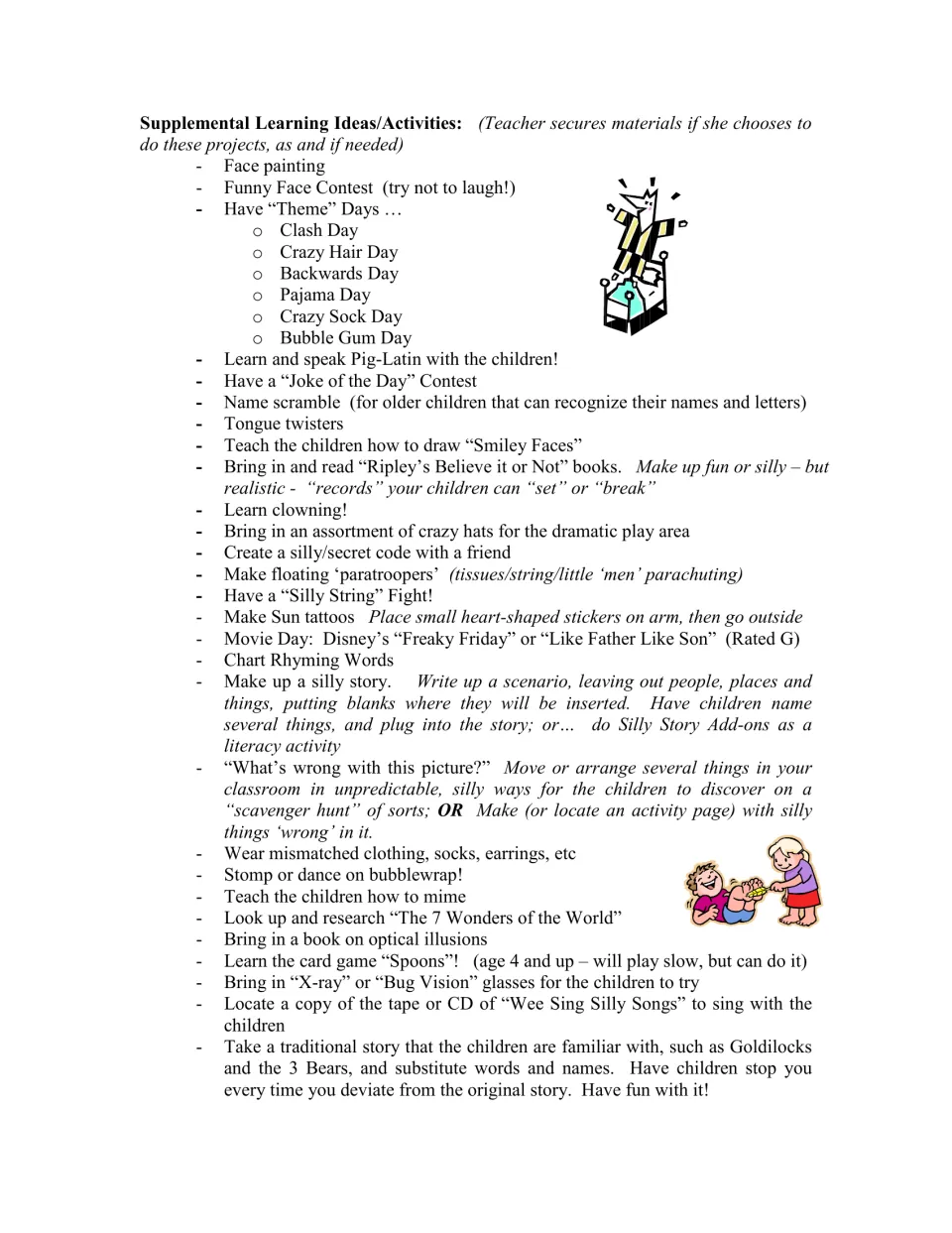 Supplemental activity ideas include theme days, tongue twisters, secret codes, rhyming words, and silly stories.