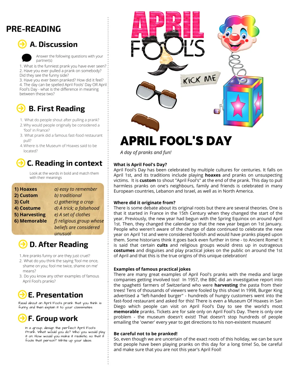 April Fool's Day reading on prank origins: students discuss, answer comprehension questions and match 6 bold words