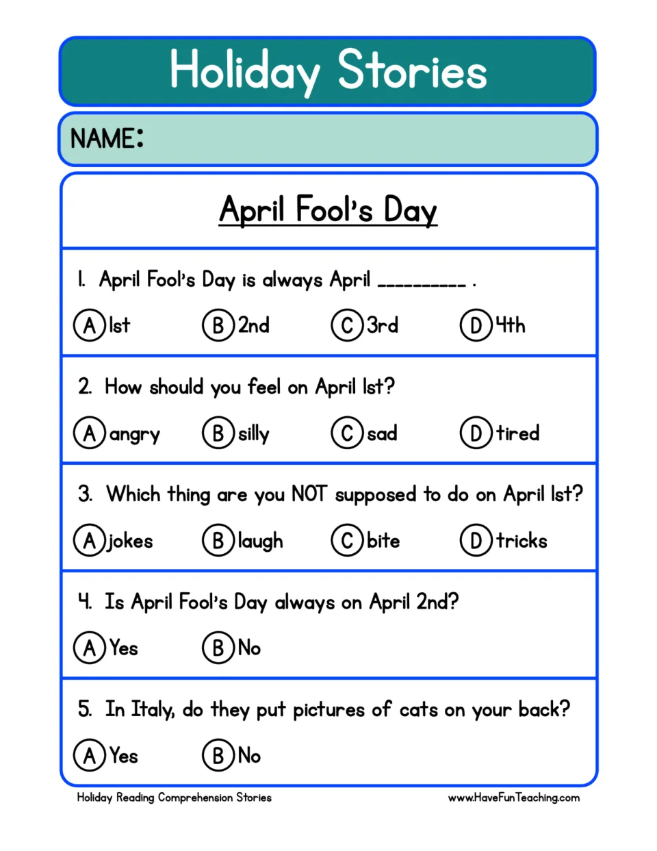 Comprehension questions 1–5 about the holiday's date, feeling silly, tricks, and fish pictures in Italy.