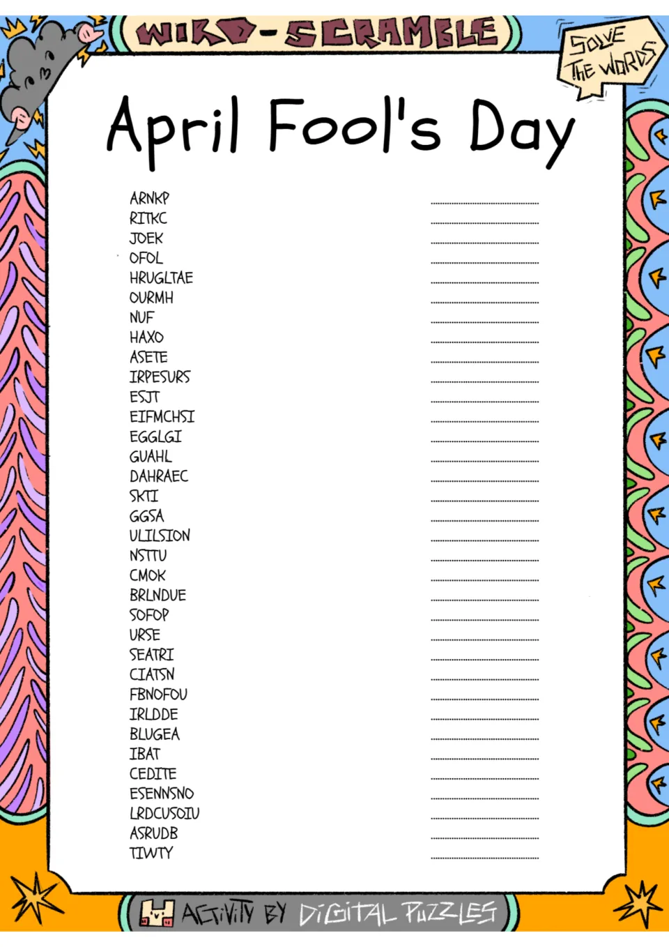 April Fool's Day word scramble: students unscramble 34 joke-themed words such as ARNKP, OFOL and HRUGLTAE