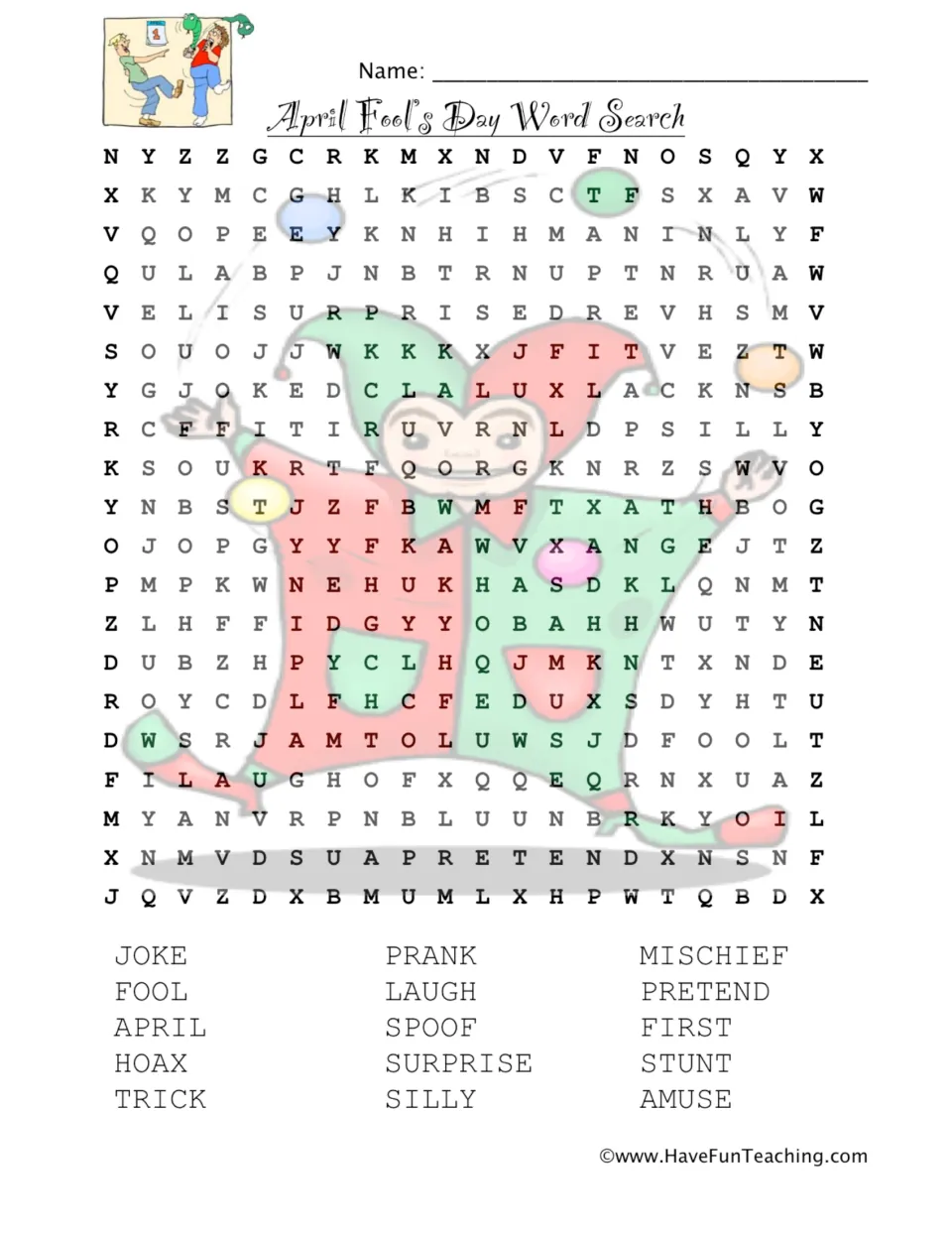 April Fool's Day word search: students find 15 words like prank, hoax, joke, spoof and mischief in a letter puzzle