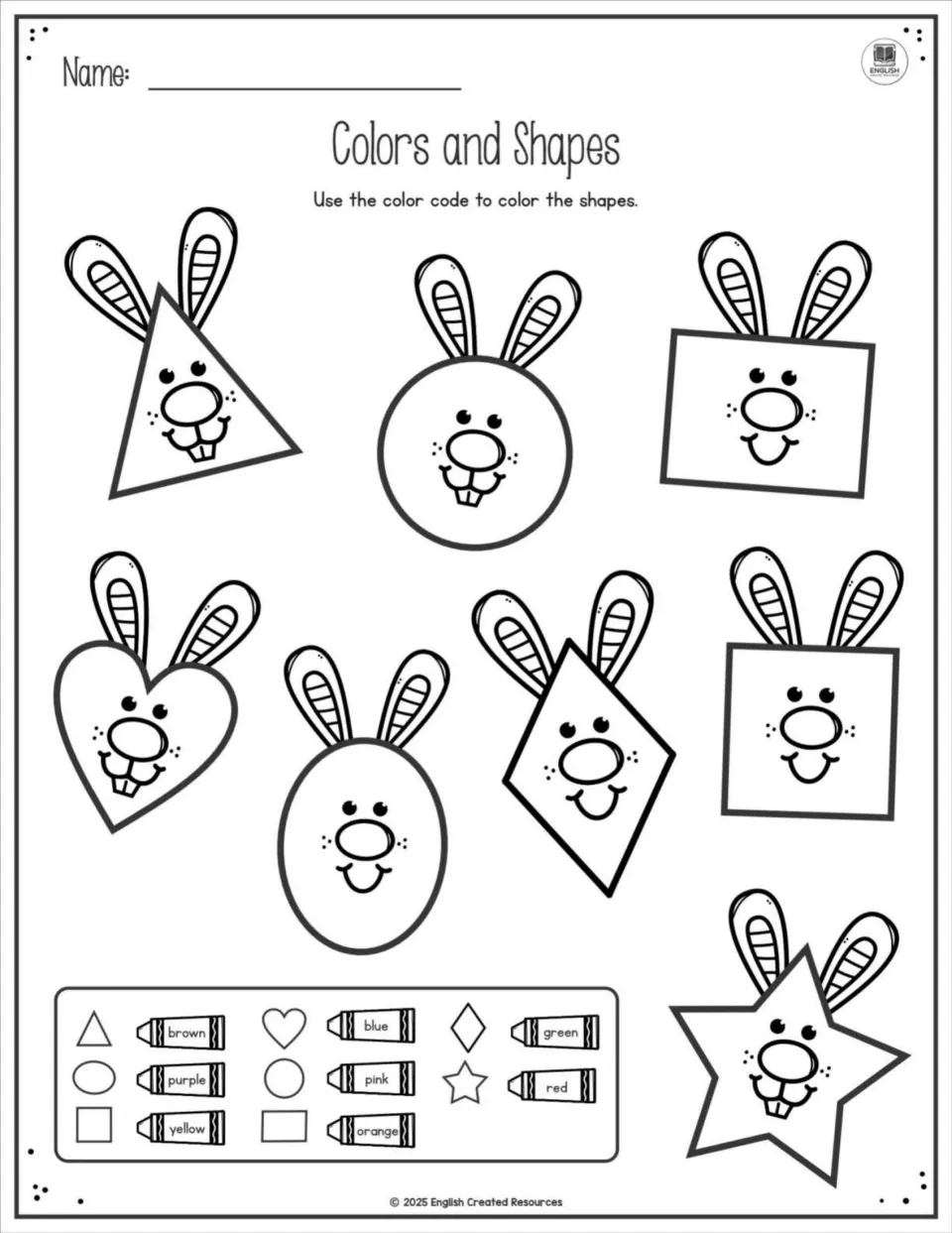 Colors and Shapes: students color bunny faces shaped as a triangle, circle, heart, oval, diamond and star using a color code