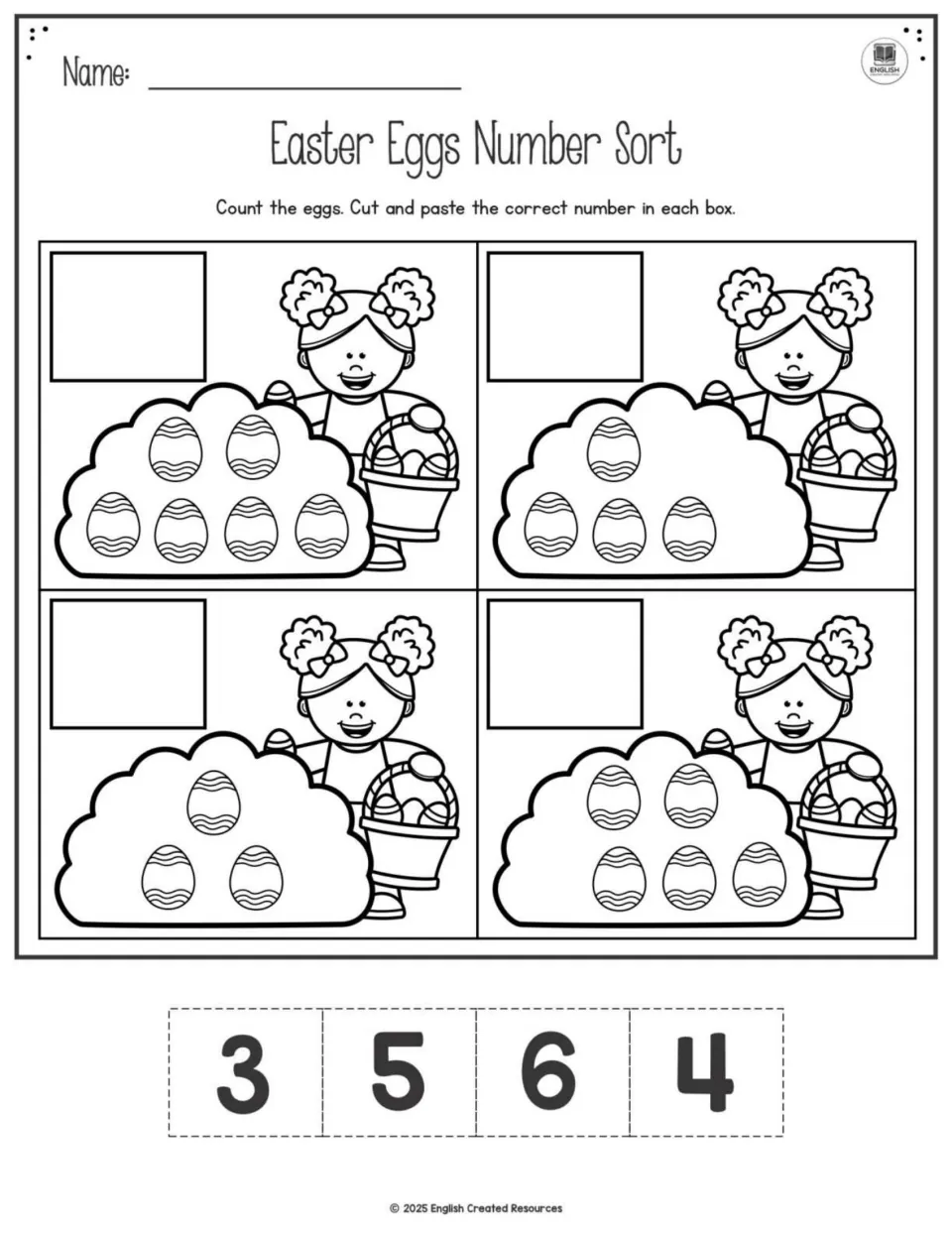 Easter Eggs Number Sort: students count eggs in four bushes, then cut and paste the numbers 3, 4, 5 or 6 beside each