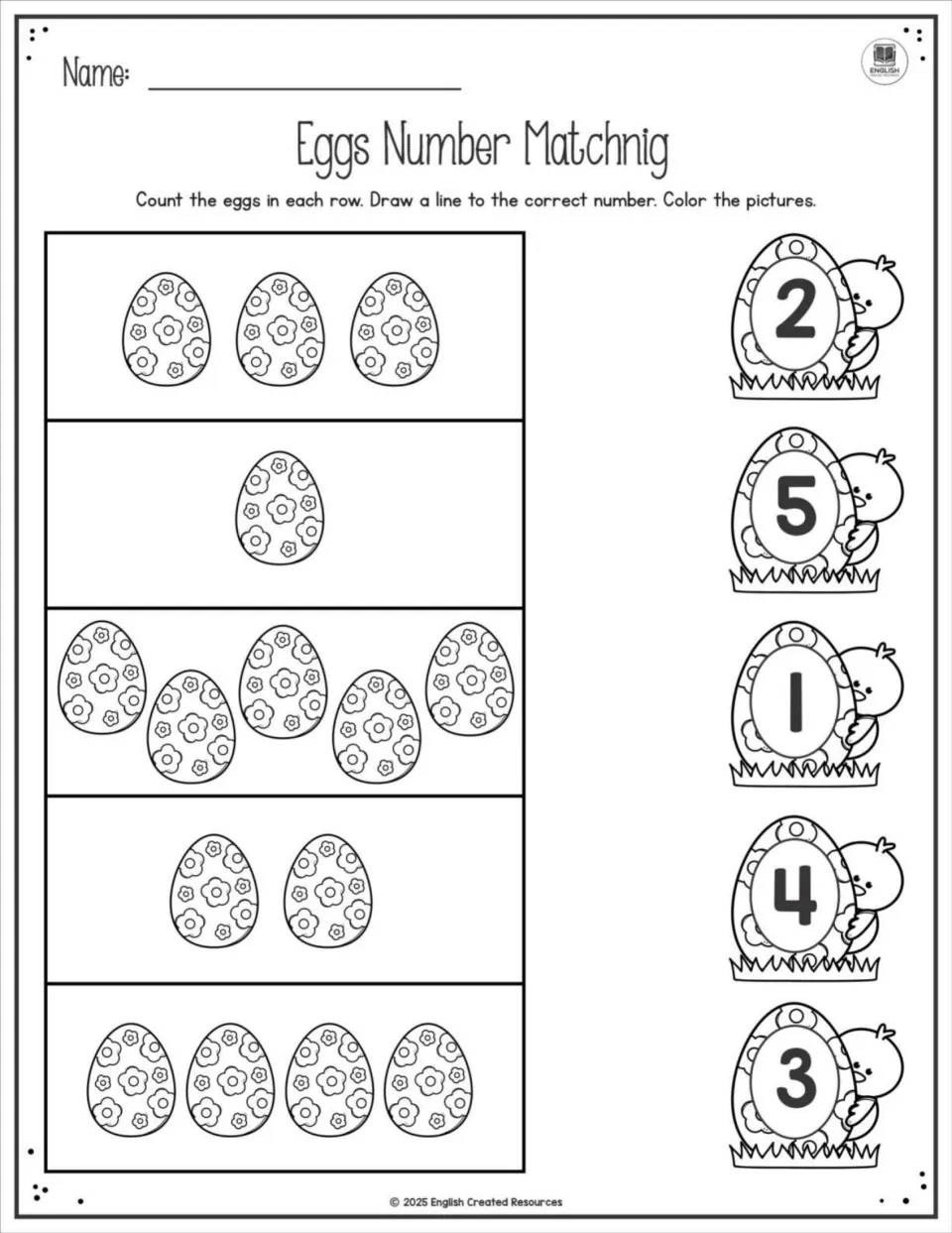 Eggs Number Matching: students count rows of 1 to 5 flowered eggs and draw a line to the matching numeral beside a chick