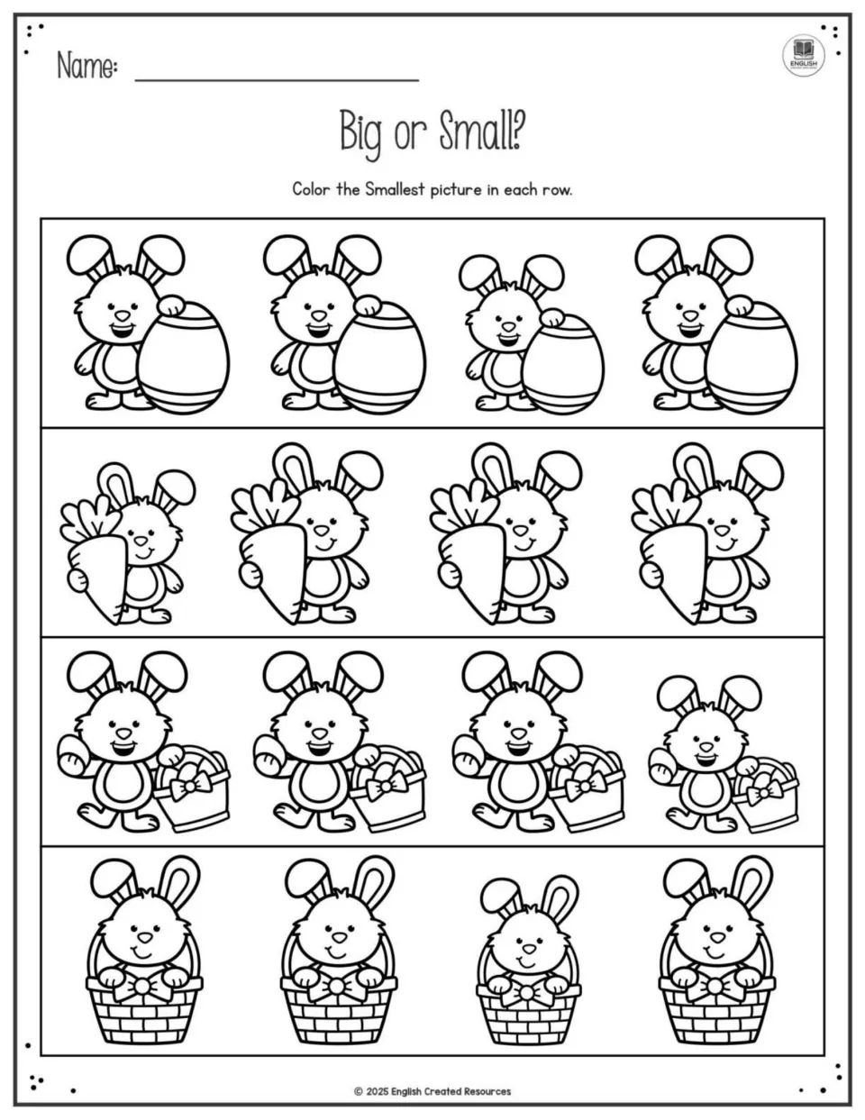 Big or Small? Students compare sizes and color the smallest bunny picture in each row with eggs, carrots and baskets
