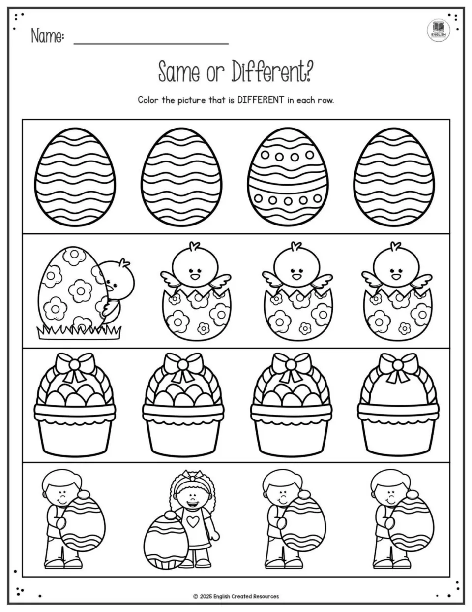 Same or Different? Students find and color the one picture that differs in rows of eggs, chicks, baskets and children