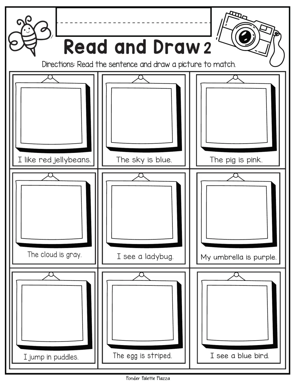 Read and Draw 2: students read sentences like I like red jellybeans and I jump in puddles, then sketch a picture for each
