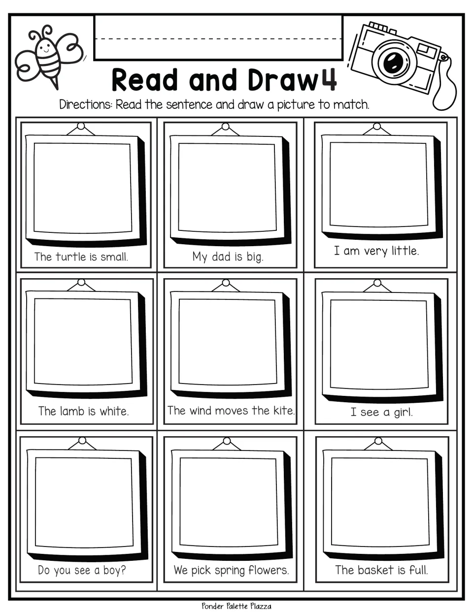 Read and Draw 4: students illustrate size words in The turtle is small and My dad is big, plus a lamb, kite and basket